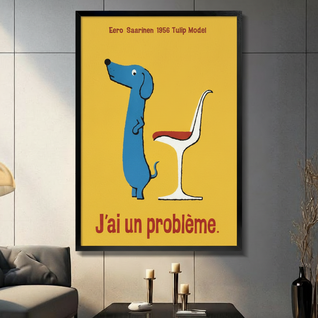 Retro blue dachshund with Tulip chair framed canvas wall art — funny French quote mid-century poster print