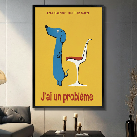 Retro blue dachshund with Tulip chair framed canvas wall art — funny French quote mid-century poster print