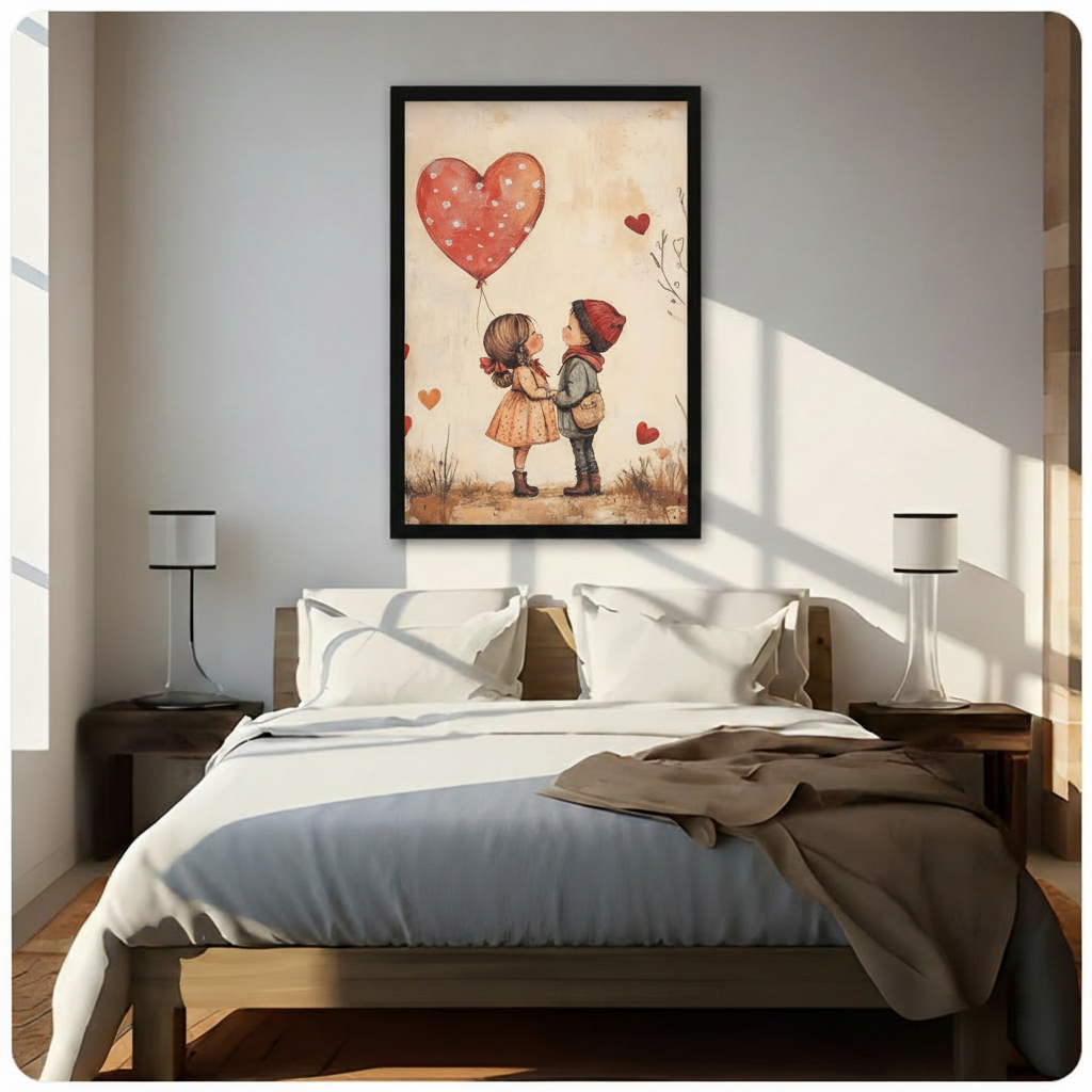 Whimsical love illustration canvas wall art – stretched or framed options available in 9 sizes