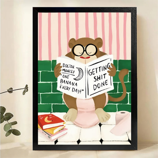 Monkey Reading in Bathroom Wall Art - Funny Motivational Print|W1216