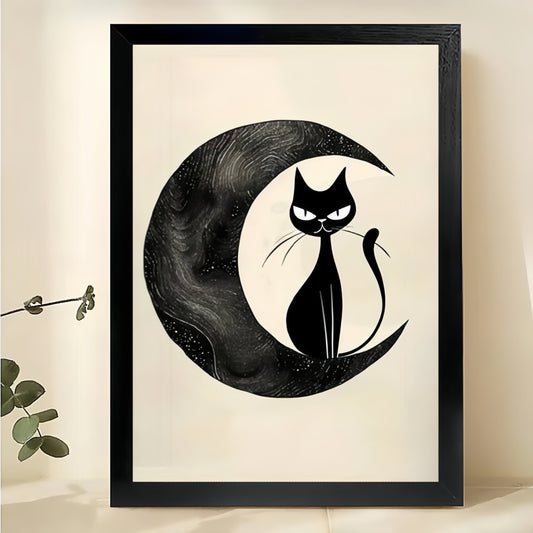 The Moon & Cat Silhouette – Minimalist Dreamy Wall Art on Natural Wood Canvas | W582