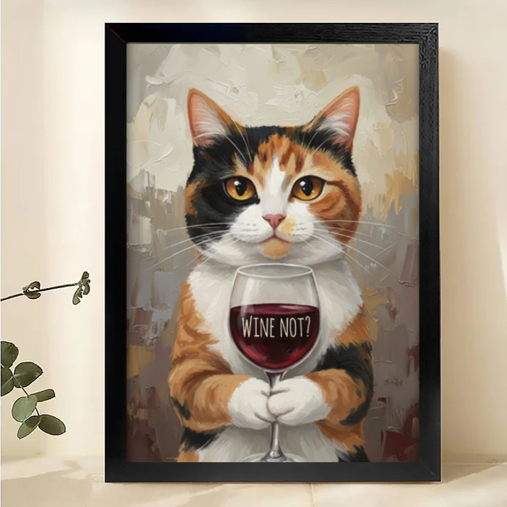 Cat Wine Wall Art - Wine Not Funny Print| W1011