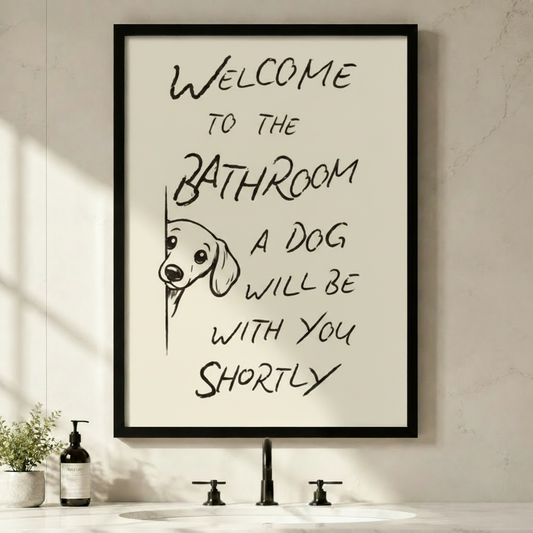 Welcome to the Bathroom dog framed canvas wall art — funny hand-lettered print for dog lover bathroom decor