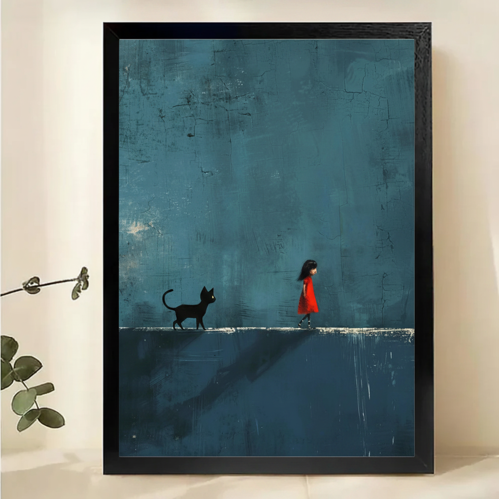 Girl in Red and Black Cat Wall Art – Moody Minimalist Canvas Print on Natural Wood Frame | W2255
