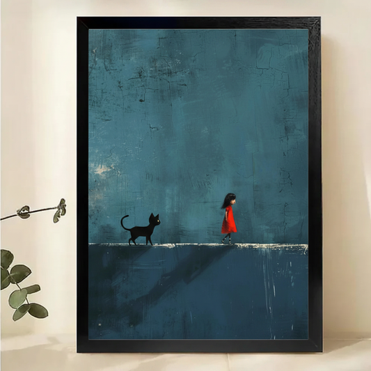 Girl in Red and Black Cat Wall Art – Moody Minimalist Canvas Print on Natural Wood Frame | W2255