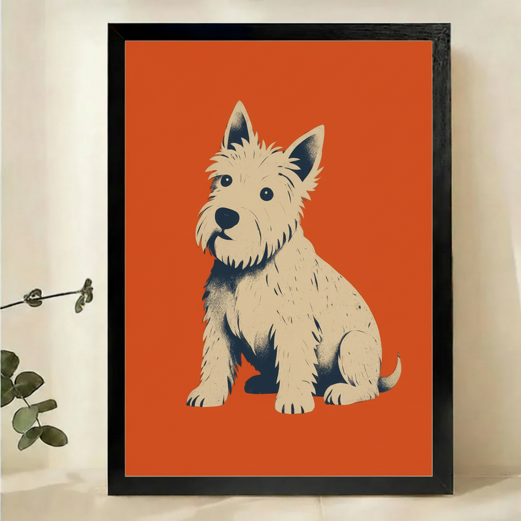 West Highland Terrier Wall Art – Bold Retro Graphic Dog Canvas Print on Natural Wood Frame | W2271