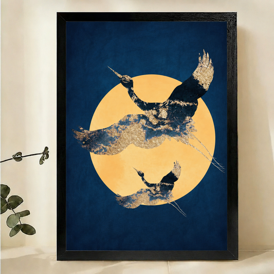 Golden Cranes Under the Moon Wall Art – Dark Luxury Canvas Print on Natural Wood Frame | W2248