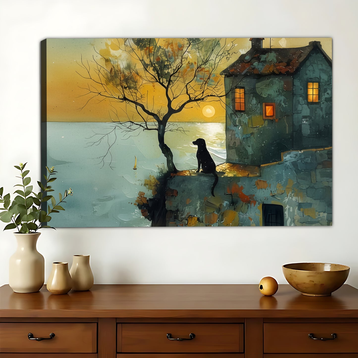 Coastal Sunset Black Dog Silhouette – Vintage Whimsical Wall Art on Natural Wood Canvas | W869