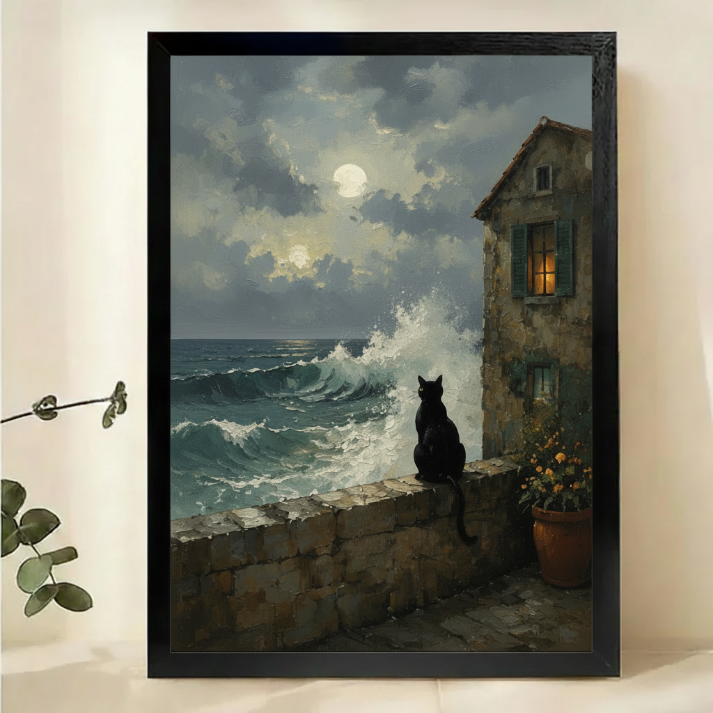 Black Cat by the Moonlit Sea Wall Art – Dramatic Dark Landscape Canvas Print on Natural Wood Frame | W2279