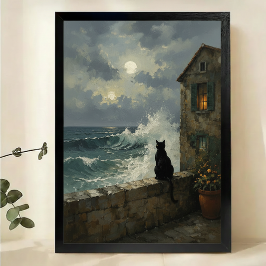 Black Cat by the Moonlit Sea Wall Art – Dramatic Dark Landscape Canvas Print on Natural Wood Frame | W2279
