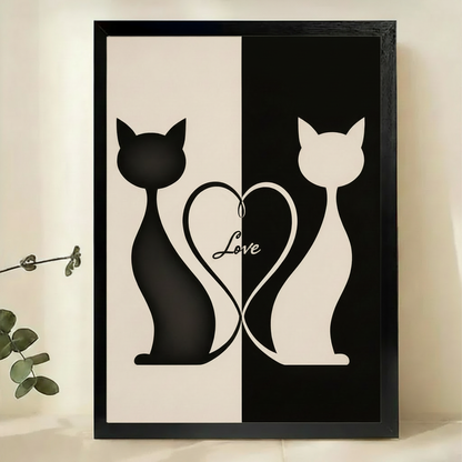 Black & White Cat Love Wall Art – Minimalist Yin Yang Cat Canvas Print on Natural Wood Frame | W2212
