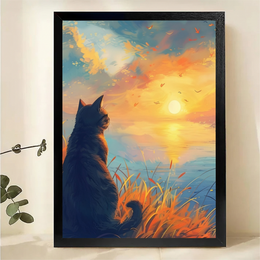 Cat Watching Sunset Wall Art - Peaceful Landscape Print|W1301