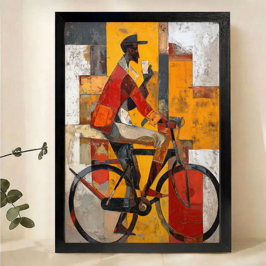 Cyclist in the City Wall Art – Bold Cubist Abstract Canvas Print on Natural Wood Frame | W2147