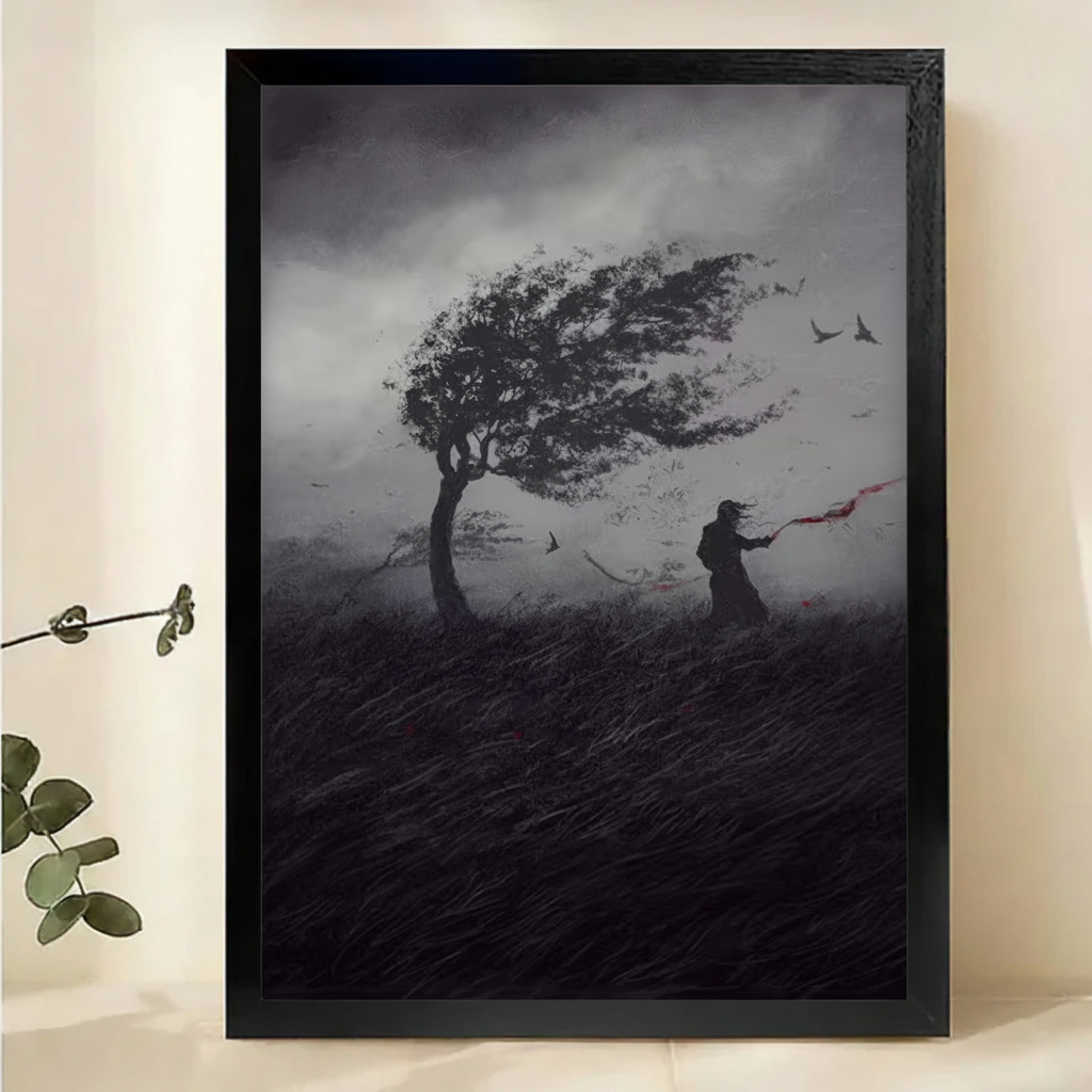 Solitary Figure in the Storm Wall Art – Dark Cinematic Landscape Canvas Print on Natural Wood Frame | W2174