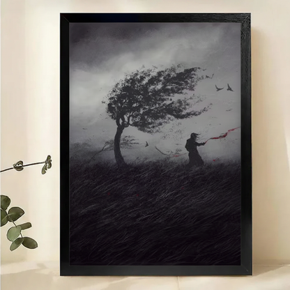 Solitary Figure in the Storm Wall Art – Dark Cinematic Landscape Canvas Print on Natural Wood Frame | W2174