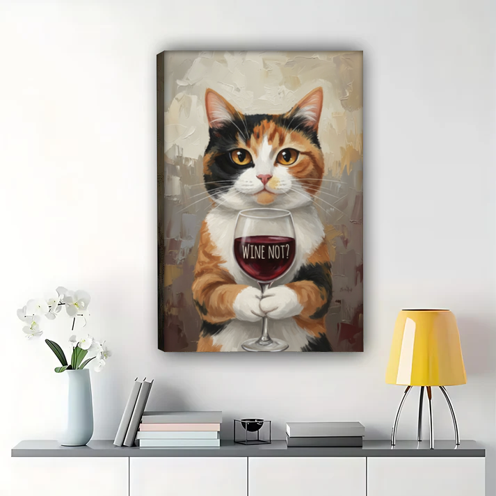 Cat Wine Wall Art - Wine Not Funny Print| W1011