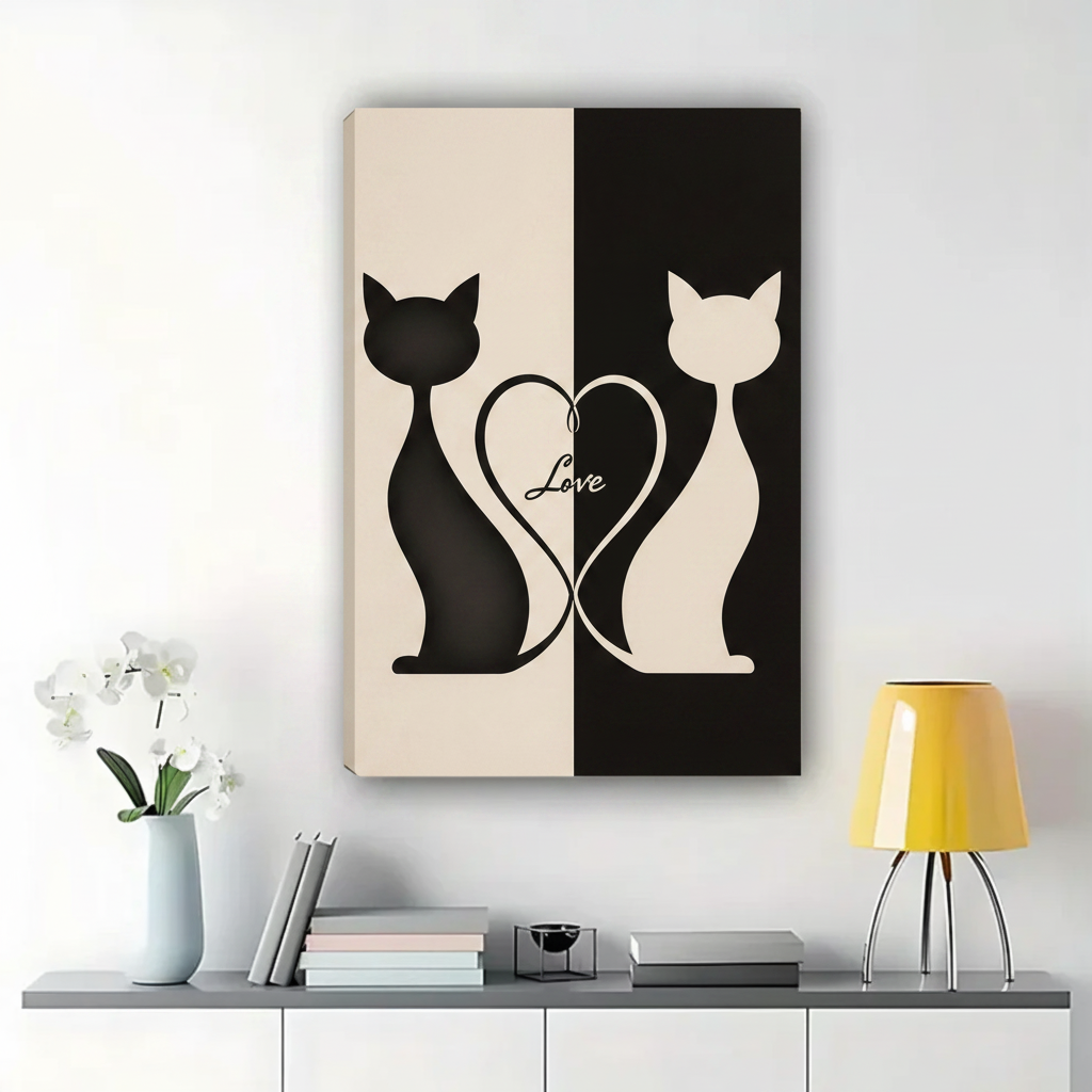 Black & White Cat Love Wall Art – Minimalist Yin Yang Cat Canvas Print on Natural Wood Frame | W2212