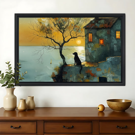 Coastal Sunset Black Dog Silhouette – Vintage Whimsical Wall Art on Natural Wood Canvas | W869
