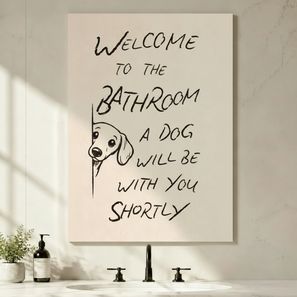 A Dog Will Be With You Shortly stretched canvas print — humorous typography wall art for dog owner bathroom