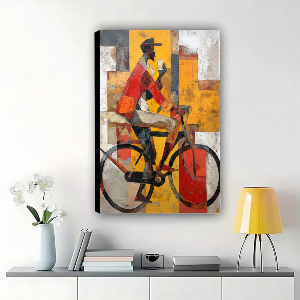 Cyclist in the City Wall Art – Bold Cubist Abstract Canvas Print on Natural Wood Frame | W2147