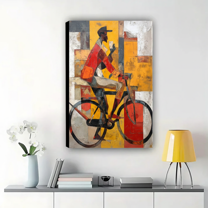 Cyclist in the City Wall Art – Bold Cubist Abstract Canvas Print on Natural Wood Frame | W2147