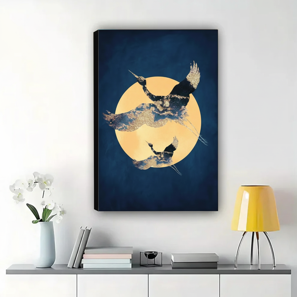 Golden Cranes Under the Moon Wall Art – Dark Luxury Canvas Print on Natural Wood Frame | W2248