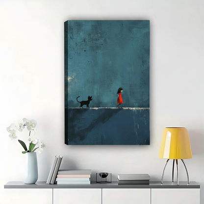 Girl in Red and Black Cat Wall Art – Moody Minimalist Canvas Print on Natural Wood Frame | W2255
