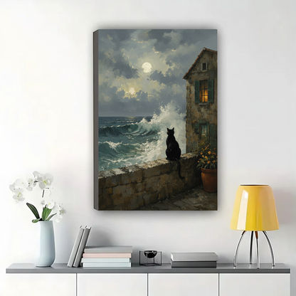 Black Cat by the Moonlit Sea Wall Art – Dramatic Dark Landscape Canvas Print on Natural Wood Frame | W2279