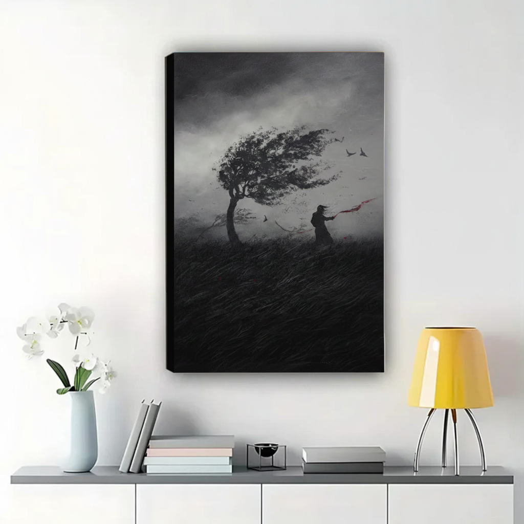 Solitary Figure in the Storm Wall Art – Dark Cinematic Landscape Canvas Print on Natural Wood Frame | W2174