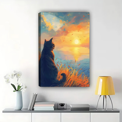 Cat Watching Sunset Wall Art - Peaceful Landscape Print|W1301