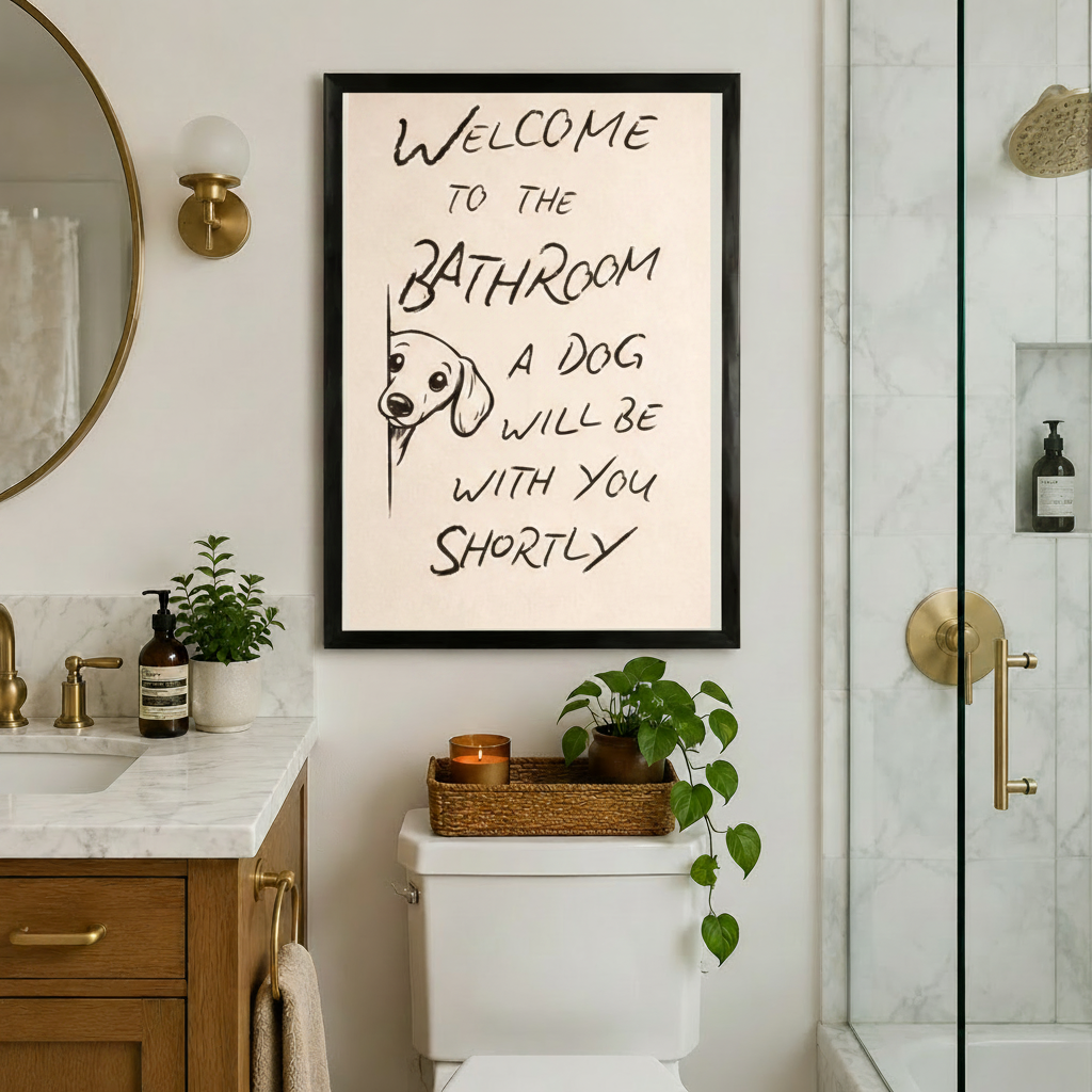 Welcome bathroom dog canvas wall art in black frame — funny typography print for dog owner home decor