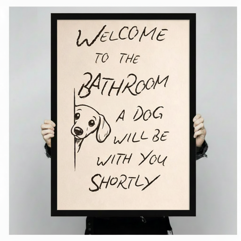 Dog peeking bathroom welcome sign canvas print — humorous pet lover wall decor for American home