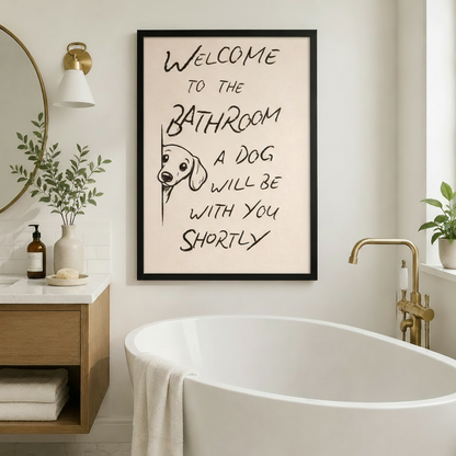 Funny welcome dog bathroom canvas print — witty hand-lettered wall art gift for dog lovers