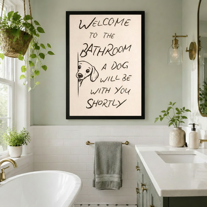 Funny dog bathroom sign framed canvas print — whimsical hand-lettered wall art for pet lover bathroom