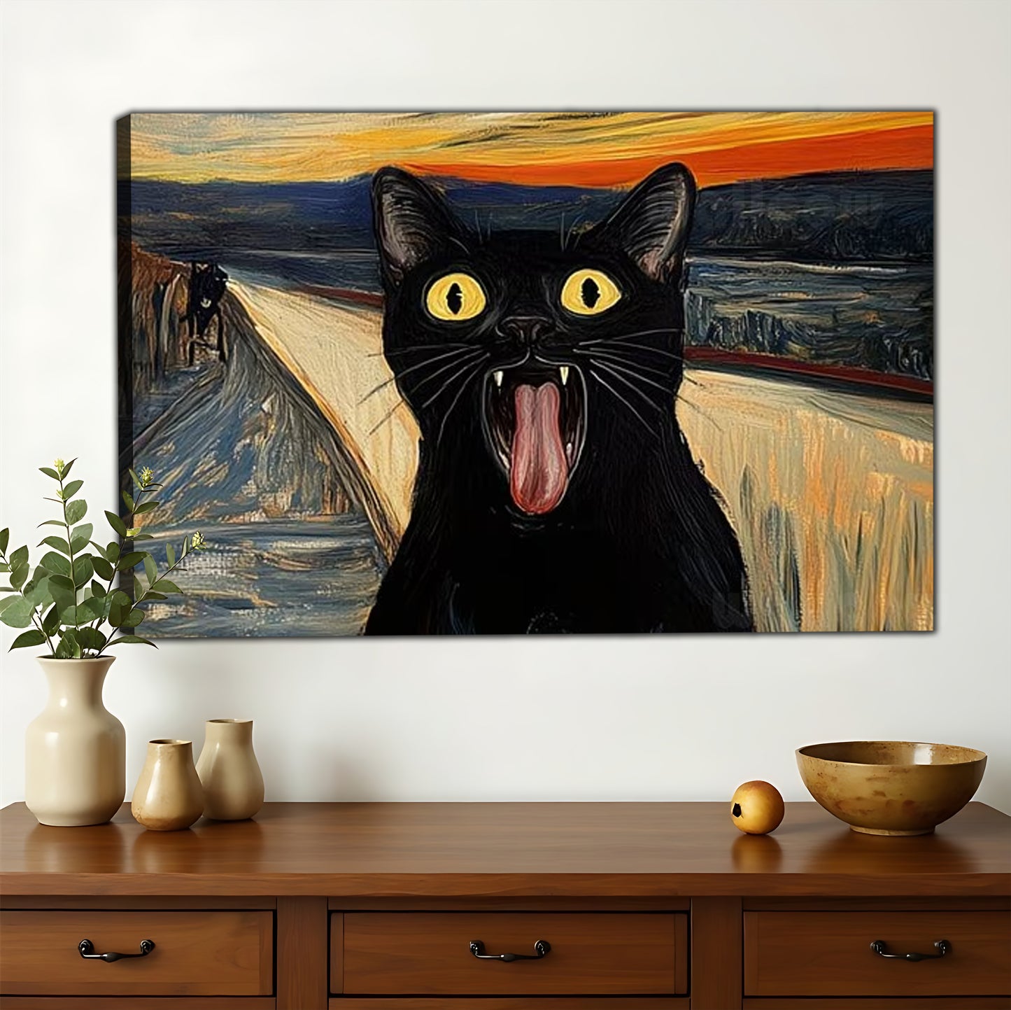 Funny Black Cat “The Scream” Parody – Whimsical Art Wall Art on Natural Wood Canvas | W698