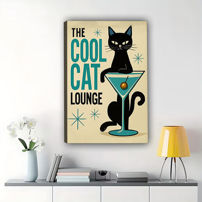 The Cool Cat Lounge – Retro Cat Wall Art on Natural Wood Canvas | W308
