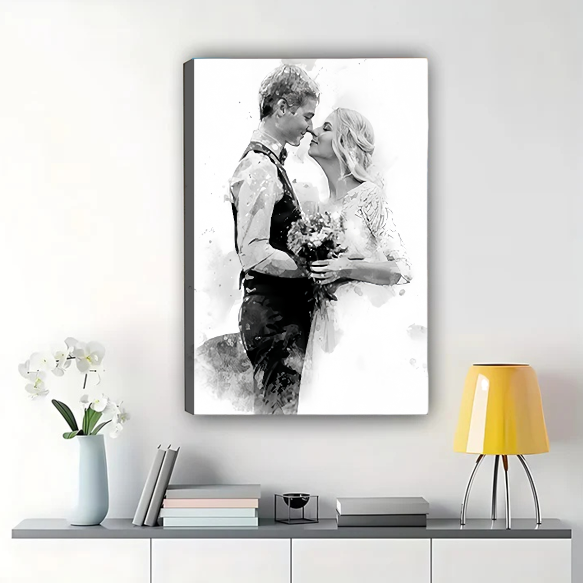 Custom Black and White Watercolor Portrait - Personalized Canvas Art