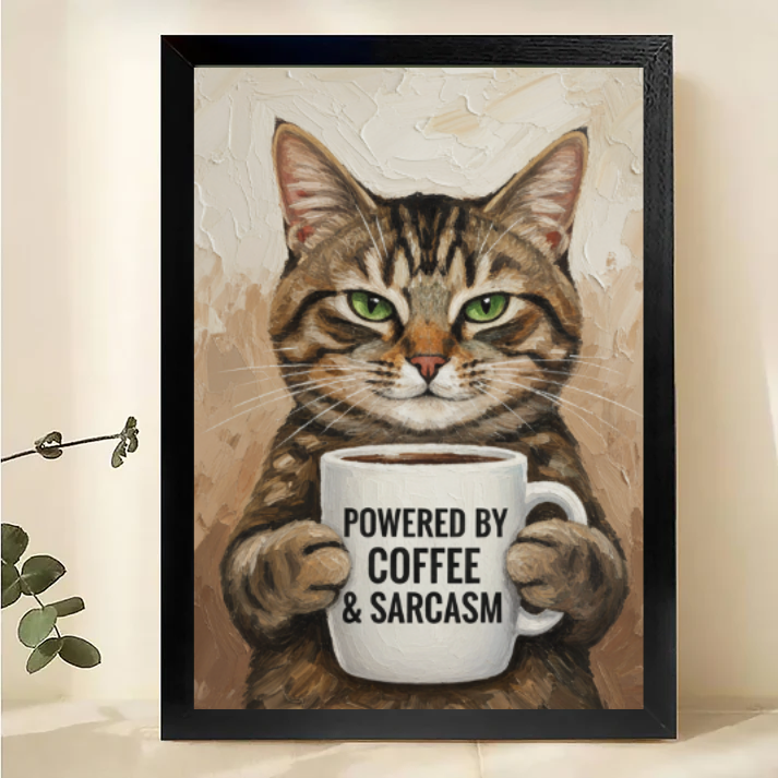 Cat Coffee Wall Art - Powered by Coffee & Sarcasm Print| W1010