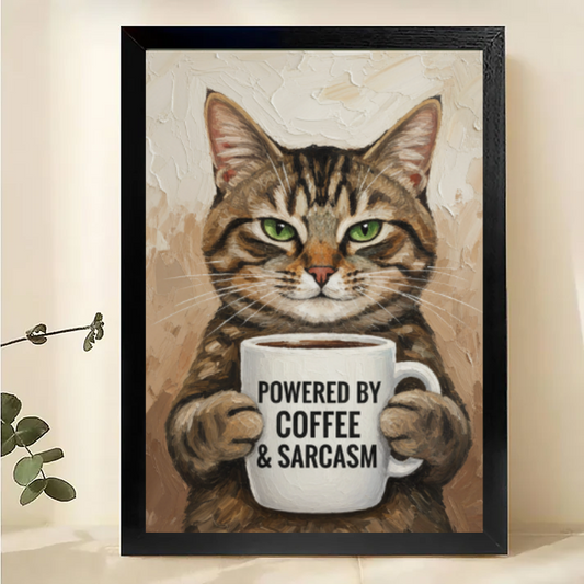 Cat Coffee Wall Art - Powered by Coffee & Sarcasm Print| W1010