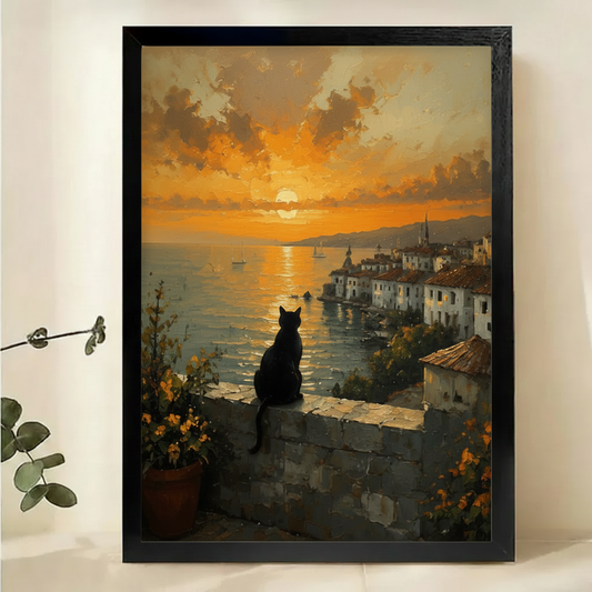 Black Cat Overlooking Mediterranean Sunset Wall Art – Golden Hour Landscape Canvas Print on Natural Wood Frame | W2280