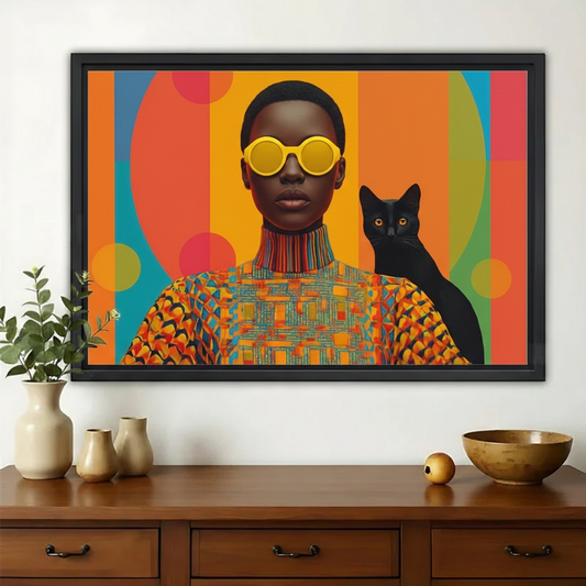 Afrofuturist Woman & Black Cat Wall Art – Bold Pop Art Fashion Canvas Print on Natural Wood Frame | W2148