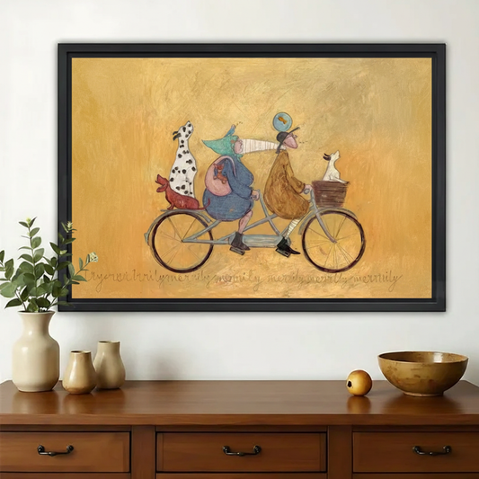 Merrily We Go Along Tandem Bicycle Wall Art – Whimsical Folk Art Canvas Print on Natural Wood Frame | W2156