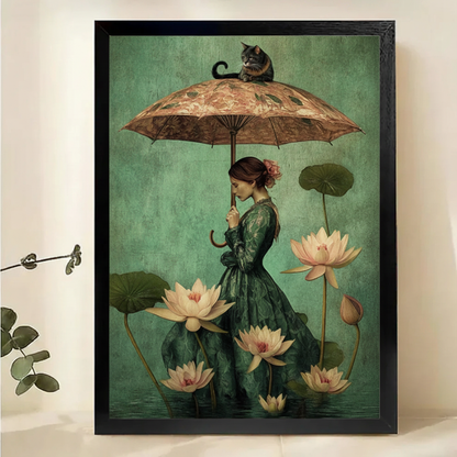 Lady with Cat Umbrella in the Lotus Pond Wall Art – Dark Romantic Oil Painting Canvas Print on Natural Wood Frame | W2207