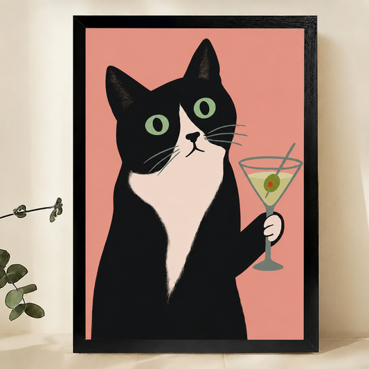 Tuxedo Cat with Martini Glass Wall Art – Whimsical Pop Art Cat Canvas Print on Natural Wood Frame | W2254