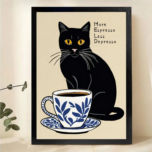 More Espresso Less Depresso Black Cat Wall Art - Funny Coffee Canvas Print|W1372
