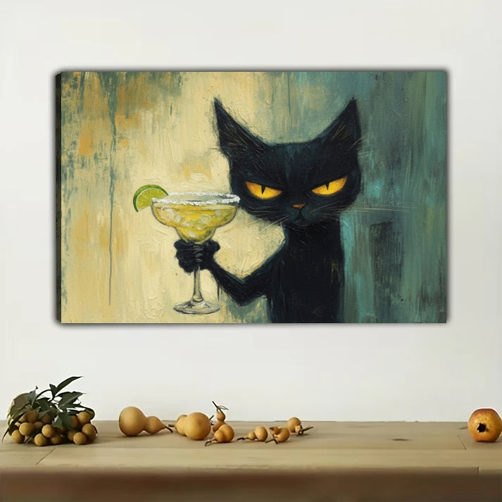 Black Cat Margarita Canvas Wall Art - Funny Cat Cocktail Print | W525