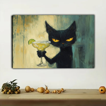 Black Cat Margarita Canvas Wall Art - Funny Cat Cocktail Print | W525