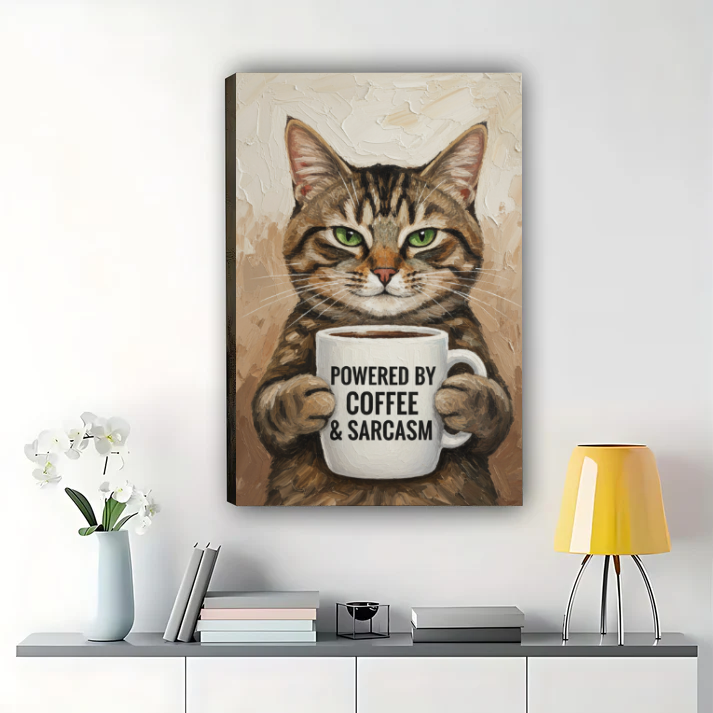 Cat Coffee Wall Art - Powered by Coffee & Sarcasm Print| W1010