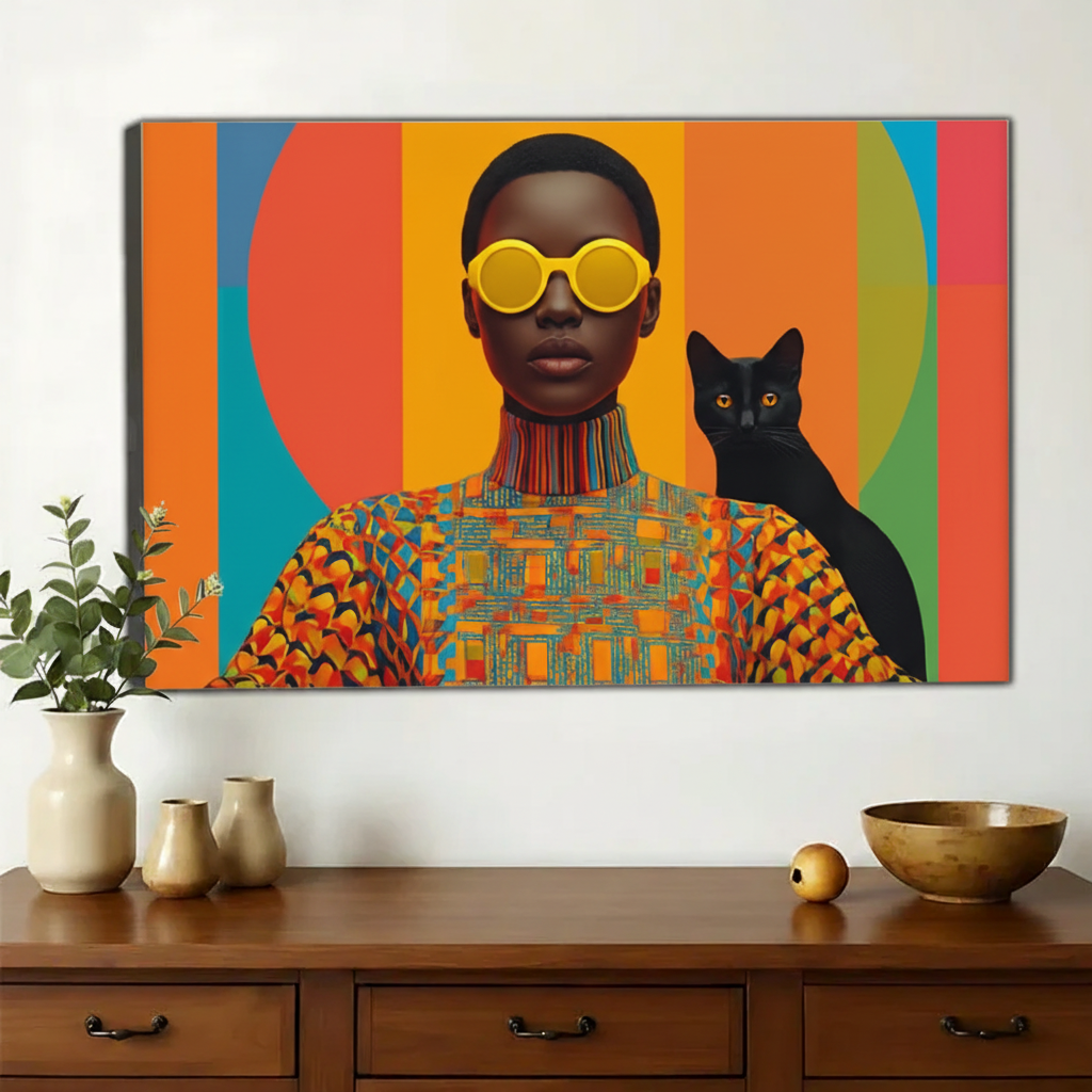 Afrofuturist Woman & Black Cat Wall Art – Bold Pop Art Fashion Canvas Print on Natural Wood Frame | W2148