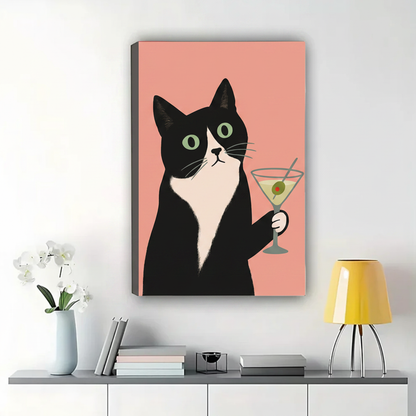 Tuxedo Cat with Martini Glass Wall Art – Whimsical Pop Art Cat Canvas Print on Natural Wood Frame | W2254